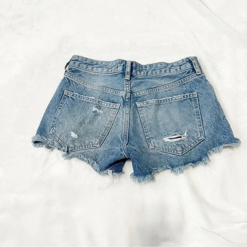 Free People good time beach bum distressed Jean shorts blue denim button fly 24